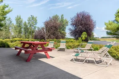 a red picnic table and chairs with a picnic table and chairs at Quality Inn Washington Court House in Jeffersonville