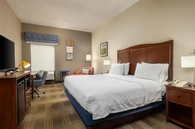 a hotel room with a bed and a desk and a television at Hampton Inn Carrollton KY in Carrollton