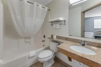 a bathroom with a toilet and a sink and a mirror at Birch Hill Suites Dayton-WP AFB in Beavercreek