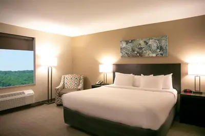 a hotel room with a large bed and a window at Berlin Encore Hotel & Suites in Berlin