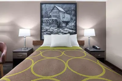 a bedroom with a bed with a painting on the wall at Super 8 by Wyndham Bridgeport/Clarksburg Area in Bridgeport