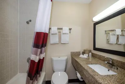 a bathroom with a toilet and a sink and a mirror at Red Roof Inn Dayton Huber Heights in Dayton