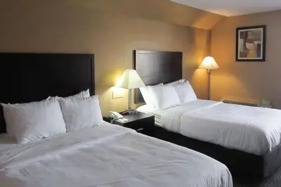 a hotel room with two beds with white sheets at Quality Inn & Suites in Cincinnati