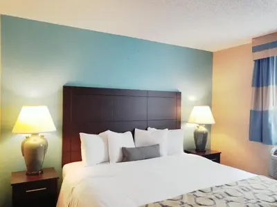a bedroom with a large bed with two lamps at Baymont Inn & Suites by Wyndham Huber Heights Dayton Northeast in Huber Heights