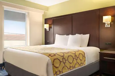 a large bed in a hotel room with a window at Baymont by Wyndham Georgetown Lexington North in Georgetown