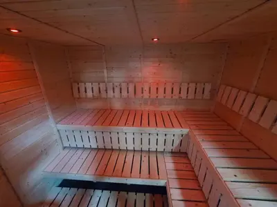 an inside view of a wooden sauna at Baymont by Wyndham Perrysburg-Toledo in Perrysburg
