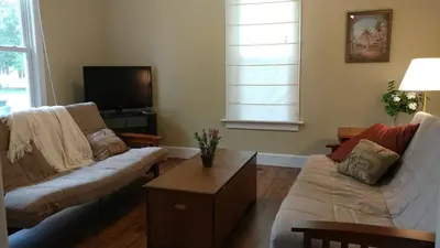 a living room with a couch and a tv at Aunt Jane's Guest House in Put-in-Bay