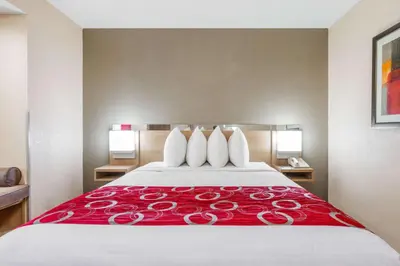 a hotel room with a large bed with a red blanket at Microtel Inn & Suites by Wyndham Charleston in Charleston