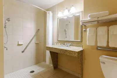 a bathroom with a sink and a shower and a toilet at Wingate by Wyndham Dayton - Fairborn in Fairborn