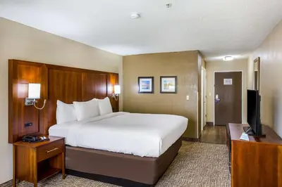 a hotel room with a large bed and a flat screen tv at Comfort Inn Charleston South in Charleston