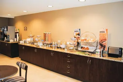 a buffet line with food on top of it at Microtel Inn & Suites By Wyndham Mineral Wells/Parkersburg in Mineralwells