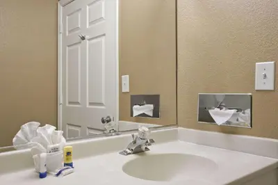 a bathroom with a sink and a mirror at Microtel Inn & Suites By Wyndham Mineral Wells/Parkersburg in Mineralwells