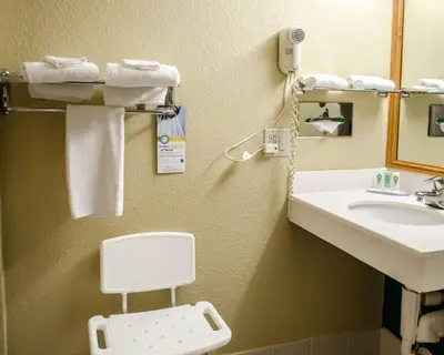 a bathroom with a sink and a toilet and a mirror at Quality Inn & Suites Medina - Akron West in Medina