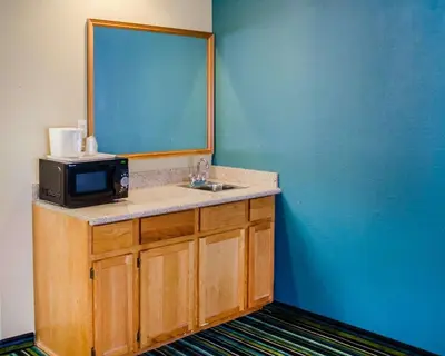 a bathroom with a sink and a microwave at Quality Inn & Suites Medina - Akron West in Medina
