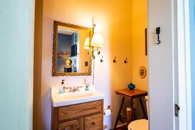 a bathroom with a sink and a mirror at The Pines of Dresden in Dresden