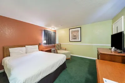 a hotel room with a bed and a television at Rodeway Inn Wauseon in Wauseon