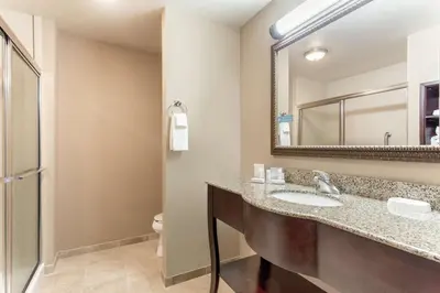 a bathroom with a sink and a mirror and a toilet at Hampton Inn Auburn in Auburn