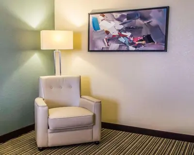 a white chair in a room with a lamp at Quality Inn Streetsboro - Kent in Streetsboro