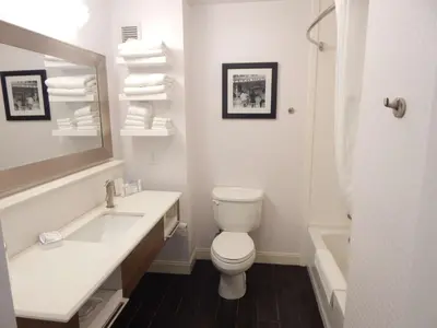 a bathroom with a toilet and a sink and a mirror at Hampton Inn Heath in Heath