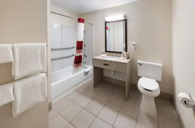 a white bathroom with a toilet and a sink at Red Roof Inn Fort Wayne in Fort Wayne
