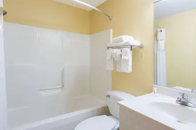 a bathroom with a white toilet and a sink at Super 8 by Wyndham Medina in Medina