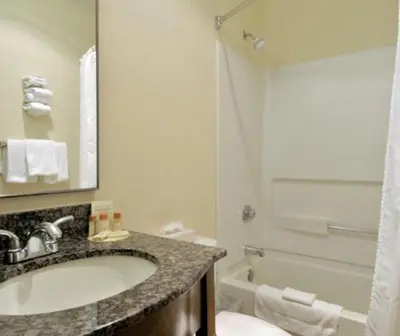 a bathroom with a sink and a toilet and a shower at Quality Inn & Suites North-Polaris in Worthington