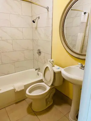 a bathroom with a toilet and a sink and a mirror at Highlander Motel in Athens