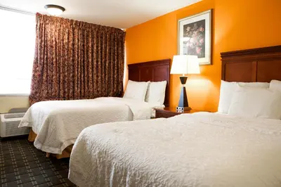 two beds in a hotel room with orange walls at Highlander Motel in Athens