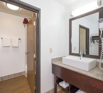 a bathroom with a sink and a mirror at Red Roof Inn Columbus - Hebron in Hebron