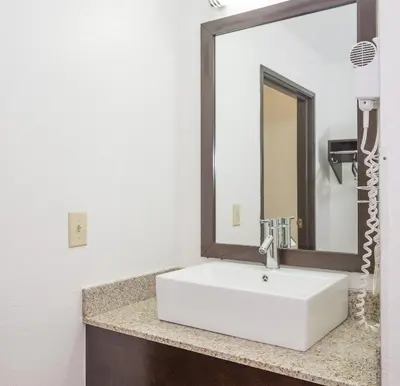 a bathroom with a white sink and a large mirror at Red Roof Inn Columbus - Hebron in Hebron