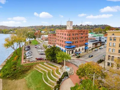 an aerial view of a town next to the water at Lafayette Hotel Marietta in Marietta