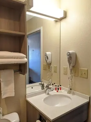 a bathroom with a sink and a mirror at Microtel Inn Georgetown - Lexington North in Georgetown