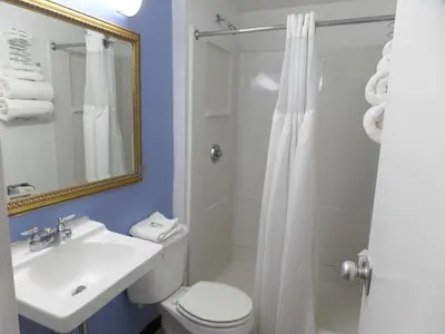 a bathroom with a toilet and a sink and a shower at Executive Inn Chillicothe in Chillicothe