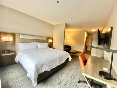 a hotel room with a large bed and a desk at Holiday Inn Express & Suites Elyria by IHG in Elyria