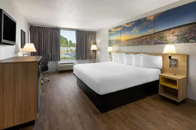 a hotel room with a large bed and a television at Days Inn by Wyndham Cambridge in Cambridge