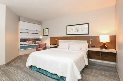 a hotel room with a large bed and a chair at Hilton Garden Inn Cincinnati Midtown in Cincinnati