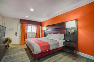a hotel room with a bed with an orange wall at Motel 6 Bellville, OH in Bellville