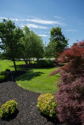 a garden with colorful flowers and trees in the background at Hope Hotel and Richard C. Holbrooke Conference Center in Fairborn