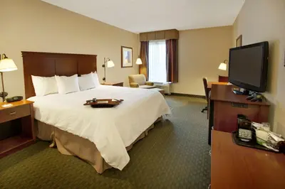 a hotel room with a bed and a flat screen tv at Hampton Inn Sidney in Sidney