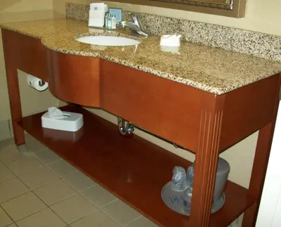 a bathroom counter with a sink in a room at Hampton Inn Sidney in Sidney