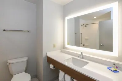 a bathroom with a sink and a mirror and a toilet at Holiday Inn Express Hotel & Suites Richwood - Cincinnati South by IHG in Richwood