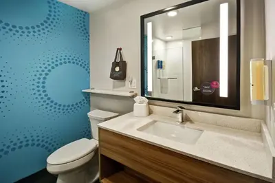 a bathroom with a toilet and a sink and a mirror at Tru By Hilton Fort Wayne in Fort Wayne