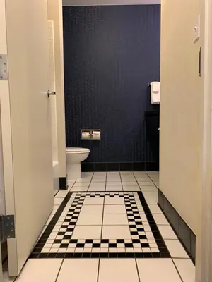 a bathroom with a toilet and a black and white tile floor at Fairfield Inn & Suites by Marriott Marietta in Marietta