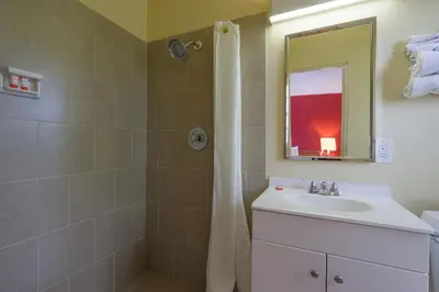 a bathroom with a sink and a shower at OYO Hotel North Lima OH - Boardman in North Lima