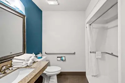 a bathroom with a toilet and a sink and a mirror at Best Western Fort Wayne Inn & Suites North in Fort Wayne