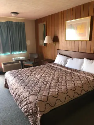 a bedroom with a large bed in a hotel room at Harcourt Motel in Mount Vernon