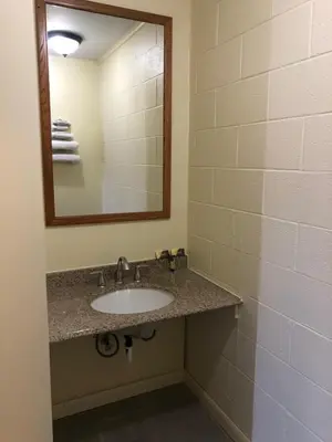 a bathroom with a sink and a mirror at Harcourt Motel in Mount Vernon
