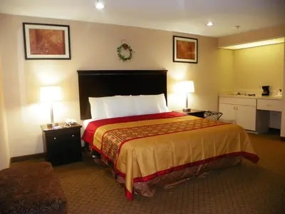a hotel room with a large bed and two lamps at Royalton Inn & Suites Upper Sandusky in Upper Sandusky