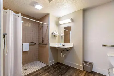a bathroom with a sink and a shower at Rodeway Inn Near Hall of Fame in Canton