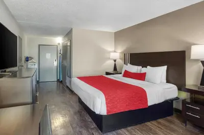 a hotel room with a large bed with a red blanket at SureStay by Best Western Greenville in Greenville